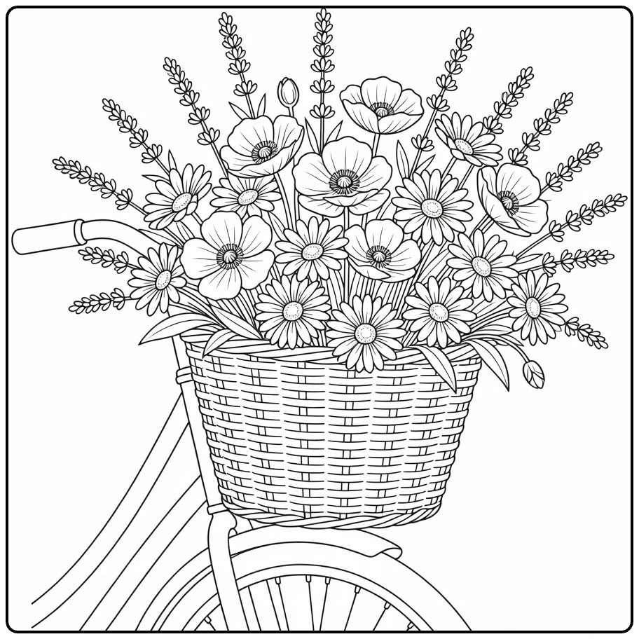 Easy flower coloring page showing a bicycle basket with poppies and lavender