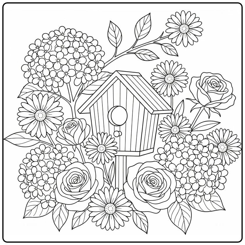 Easy flower coloring page featuring a birdhouse and mixed flowers
