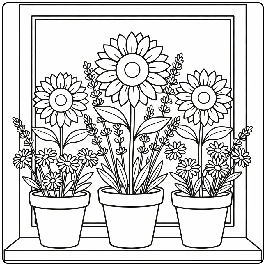 Easy flower coloring page featuring flowerpots on a windowsill