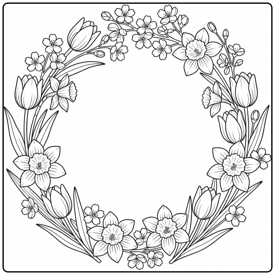 Easy flower coloring page showing a spring wreath of tulips and blossoms