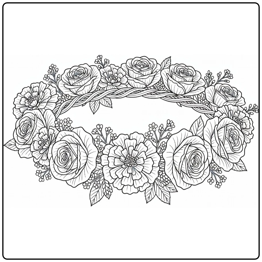 Difficult flower coloring page showing a flower crown with roses and marigolds