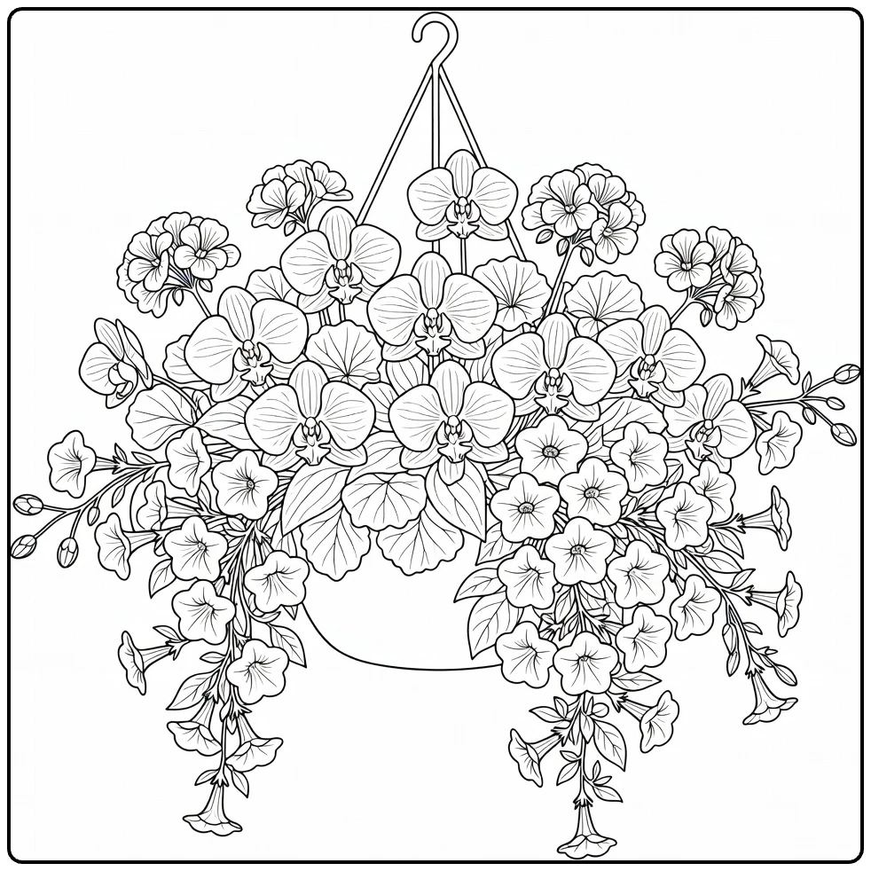 Difficult flower coloring page featuring a hanging basket with orchids and geraniums