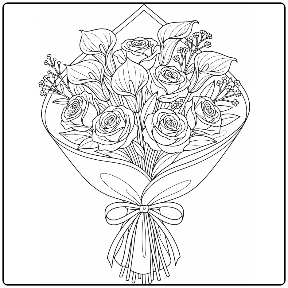 Difficult flower coloring page showing an elegant bouquet with lilies and roses