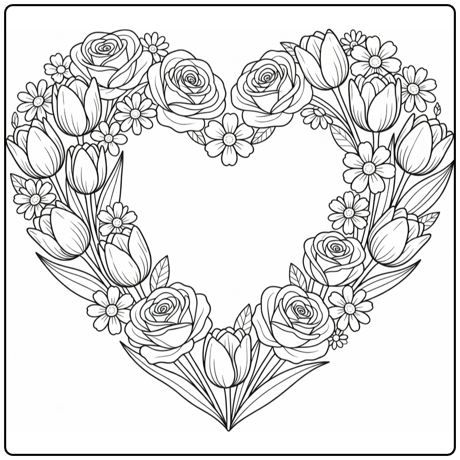 Difficult flower coloring page featuring a heart of tulips, roses, and daisies