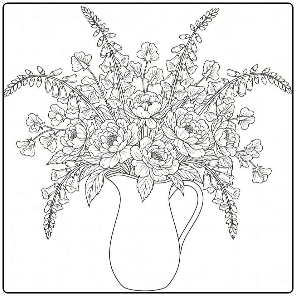 Difficult flower coloring page showing a pitcher with mixed flowers