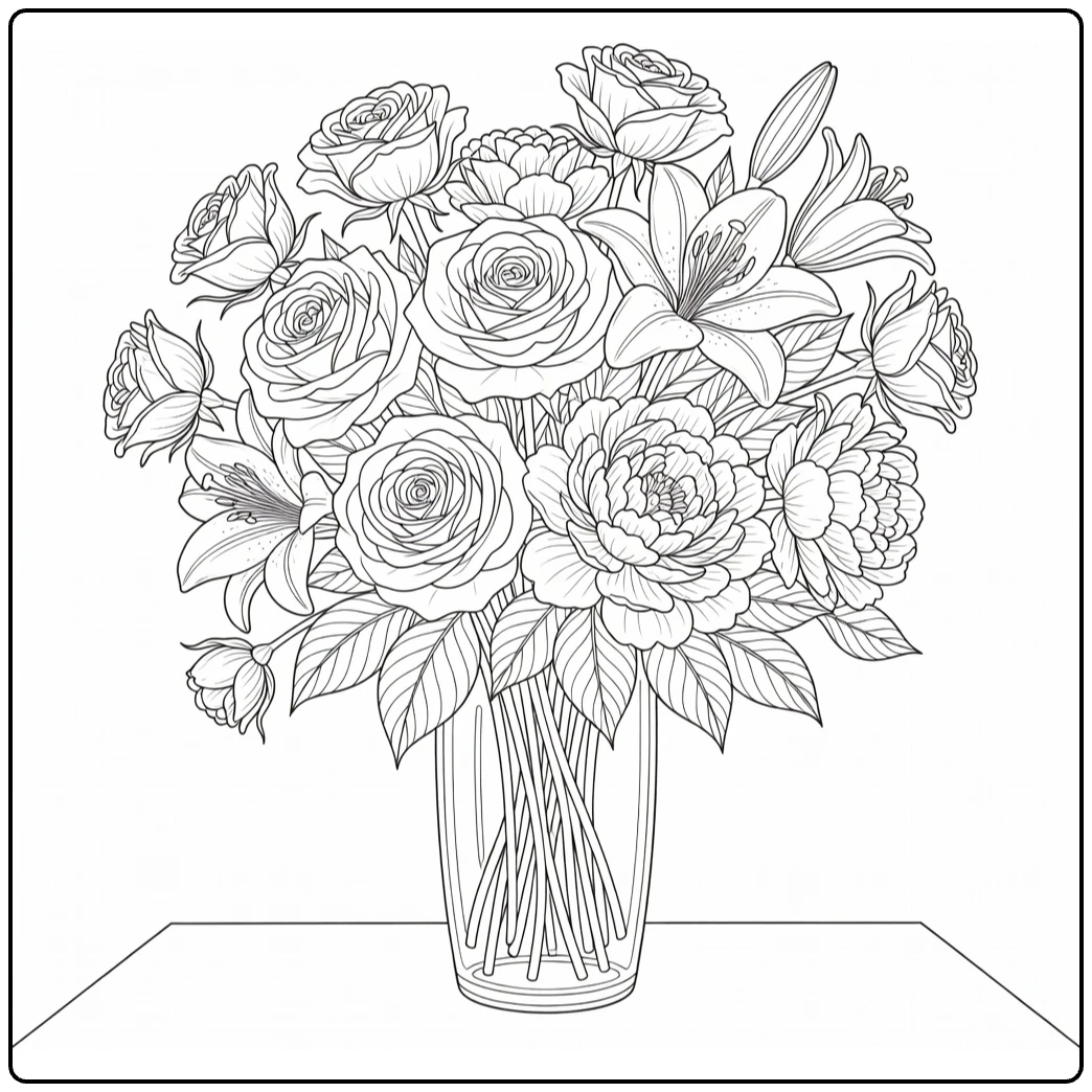 Difficult flower coloring page featuring roses, lilies, and peonies in a vase