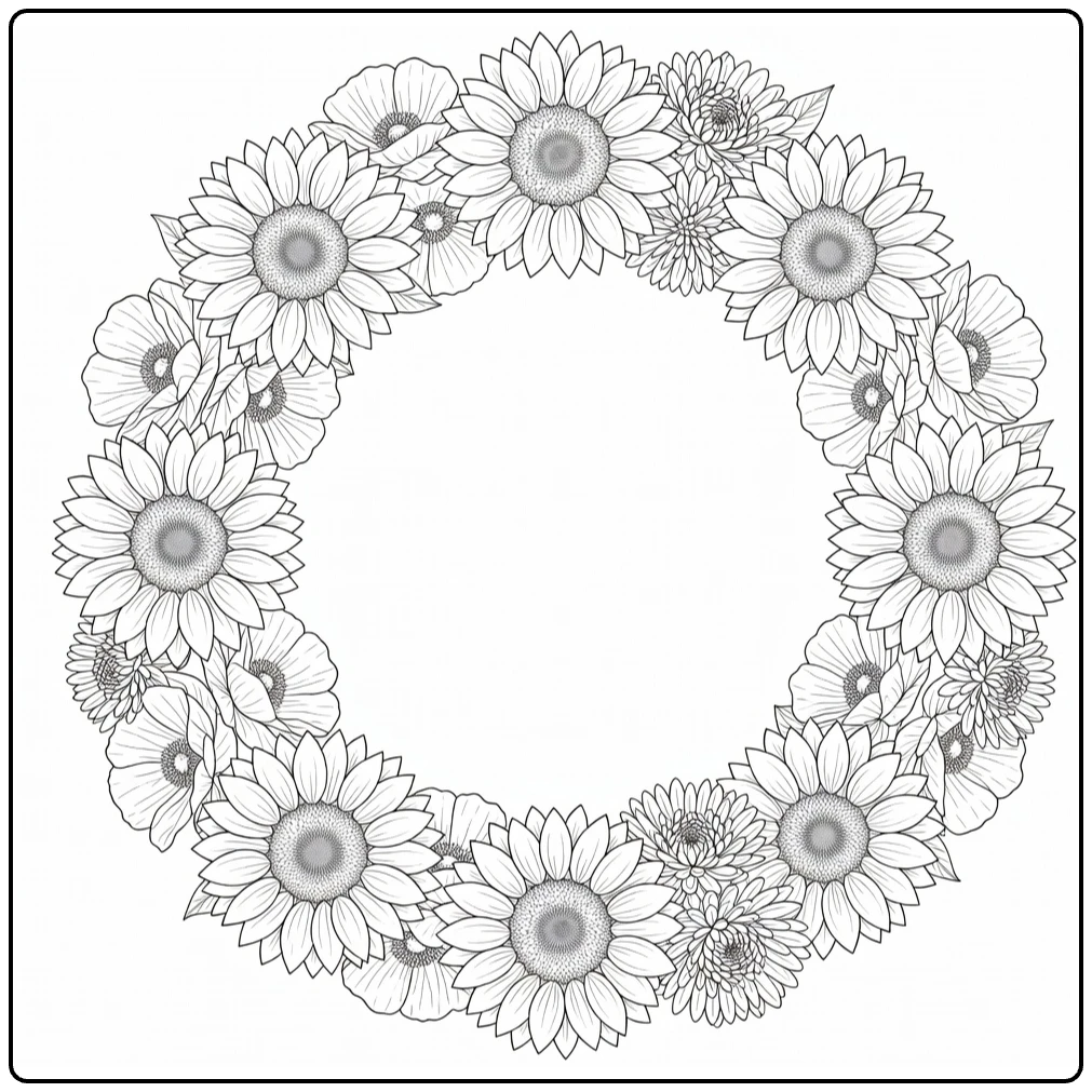 Difficult flower coloring page showing a round wreath of sunflowers and poppies