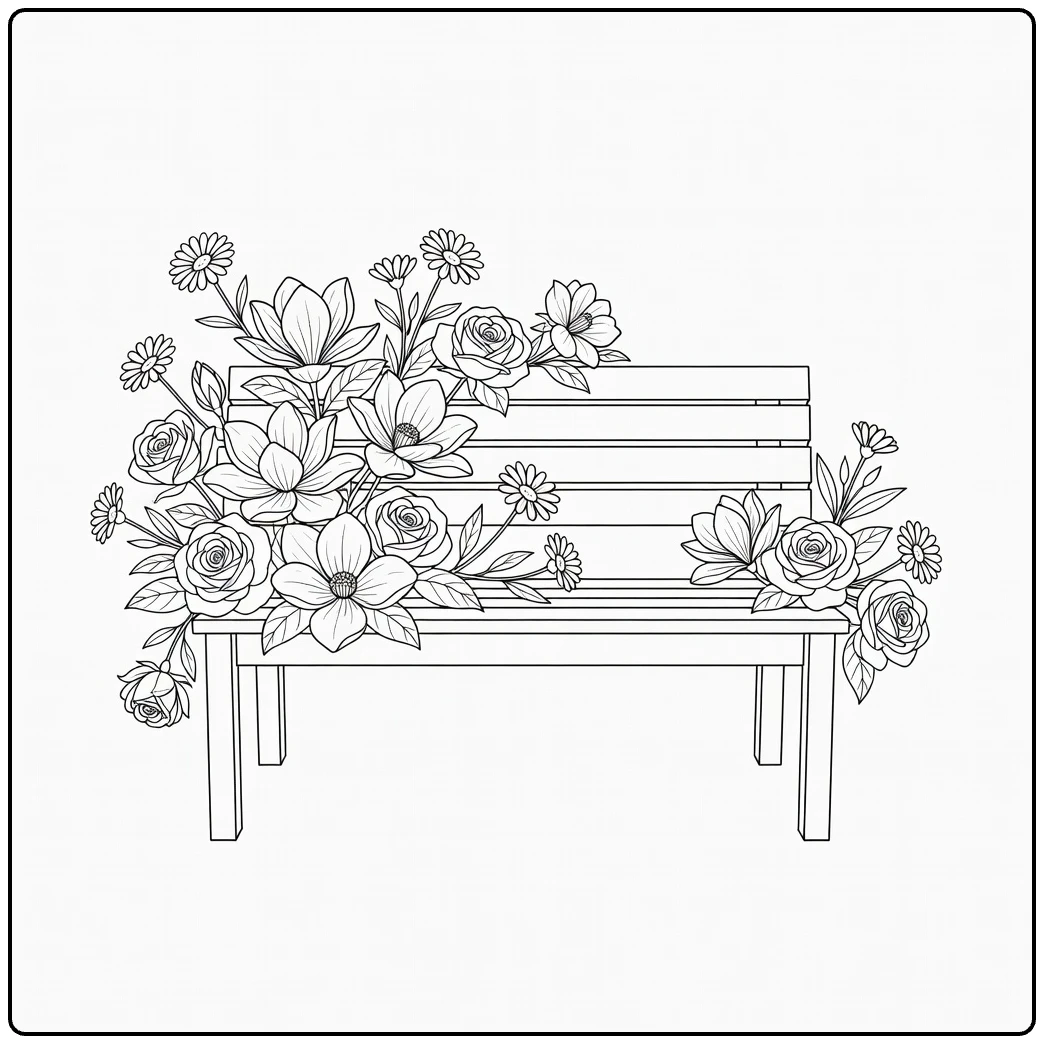 Difficult flower coloring page showing a decorated garden bench with roses