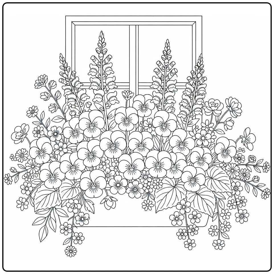 Difficult flower coloring page featuring a windowsill with pansies and flowers