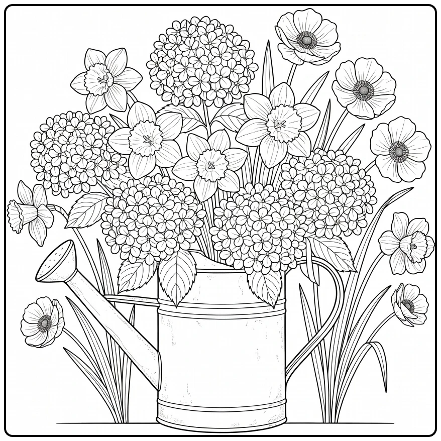 Difficult flower coloring page featuring a watering can full of flowers