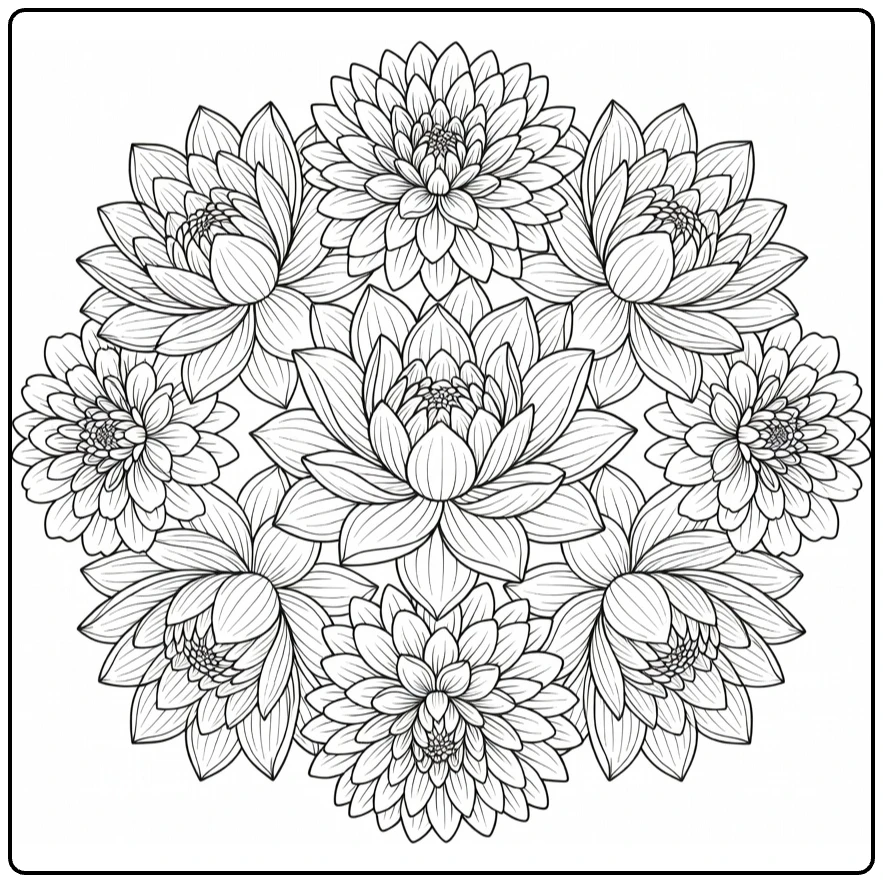 Difficult flower coloring page featuring a lotus, dahlia, and zinnia mandala