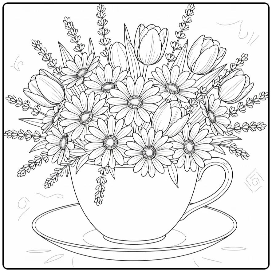 Difficult flower coloring page showing a teacup filled with daisies and lavender