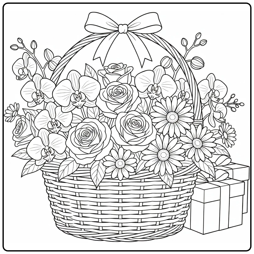 Birthday flower coloring page featuring a flower basket and gifts