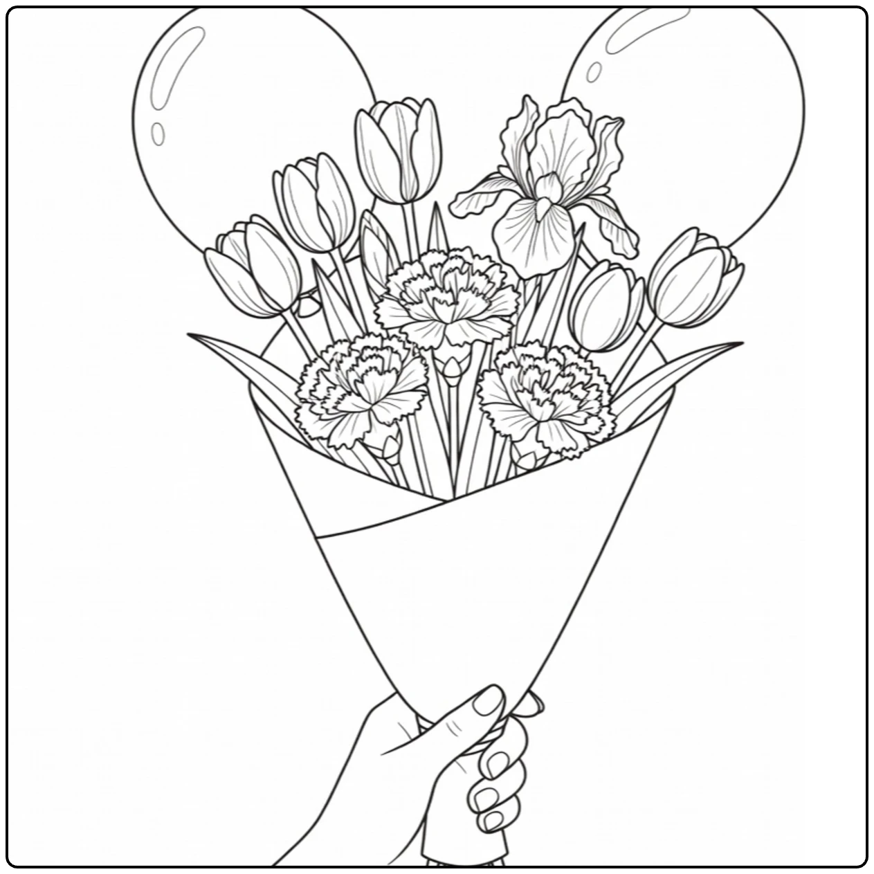 Birthday flower coloring page showing a hand holding a bouquet with balloons