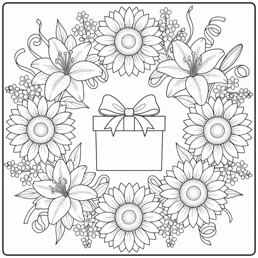 Birthday flower coloring page showing a sunflower wreath and present