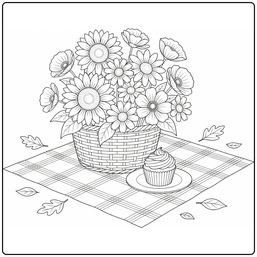 Birthday flower coloring page featuring a flower basket and cupcake