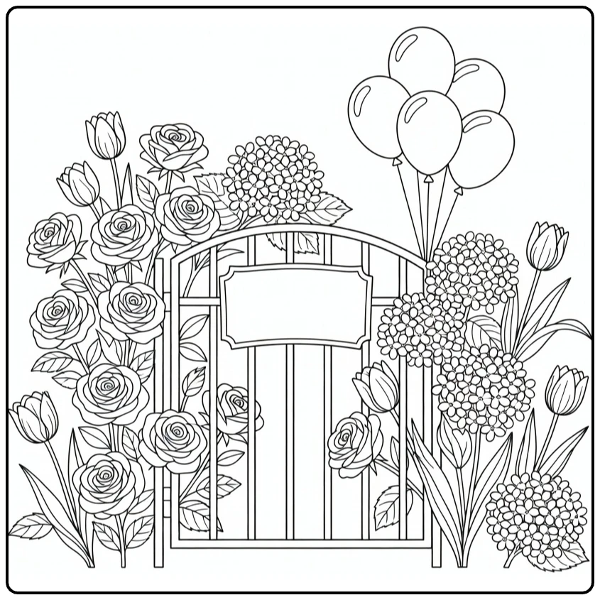 Birthday flower coloring page featuring a flower gate and balloons
