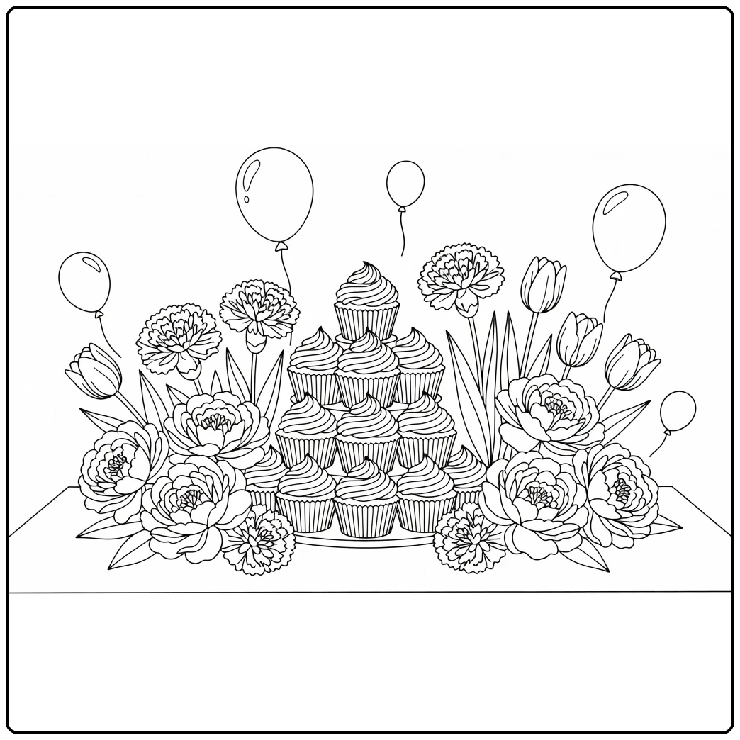 Birthday flower coloring page featuring a cupcake tower and flowers