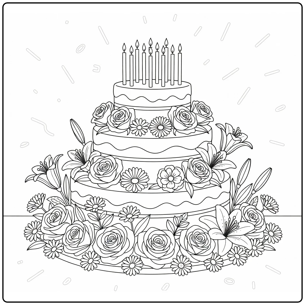 Birthday flower coloring page featuring a cake with roses and lilies