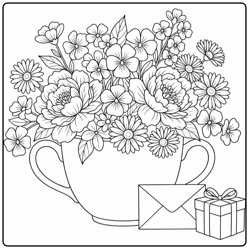 Birthday flower coloring page showing a teacup of flowers and a gift