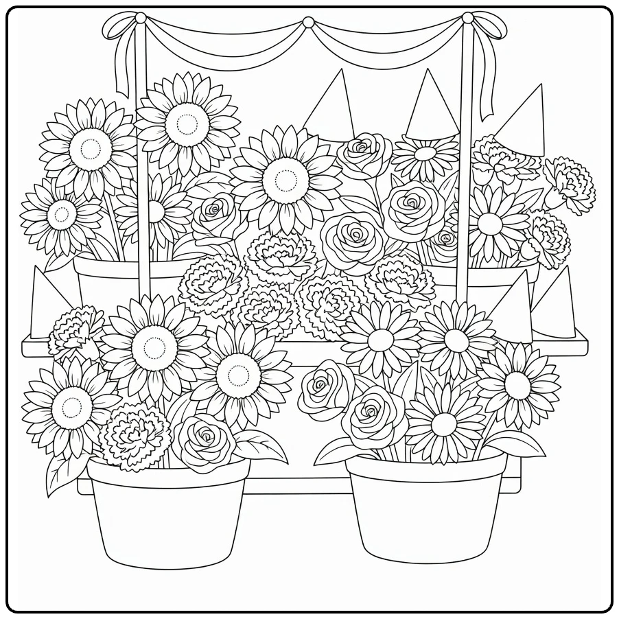 Birthday flower coloring page featuring a flower cart with sunflowers