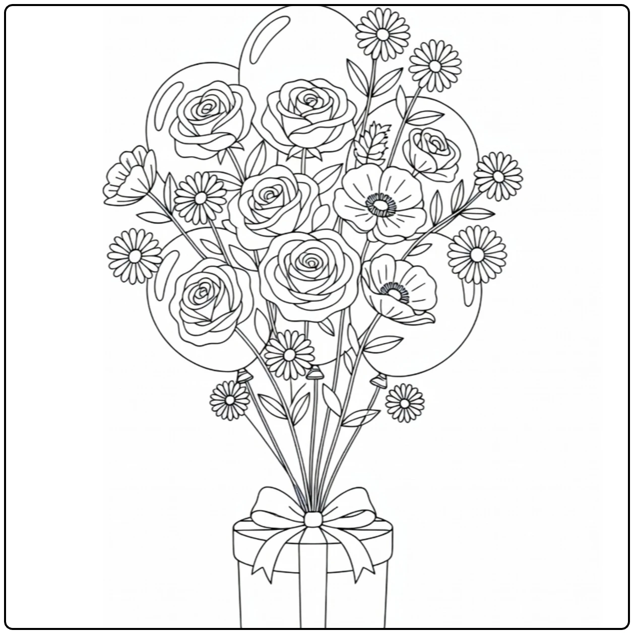 Birthday flower coloring page featuring flower balloons and a gift