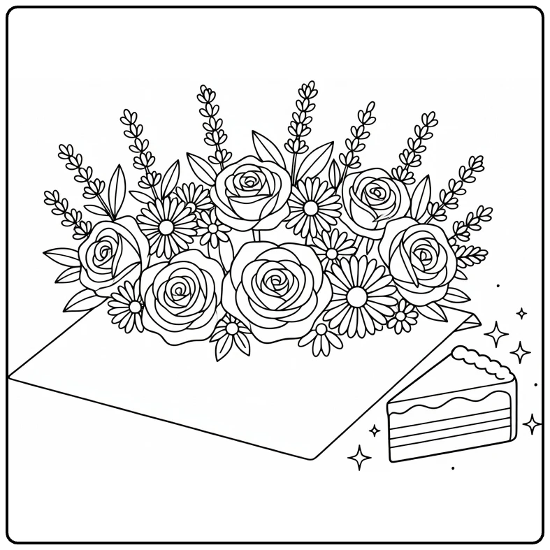 Birthday flower coloring page showing a flower crown and cake slice