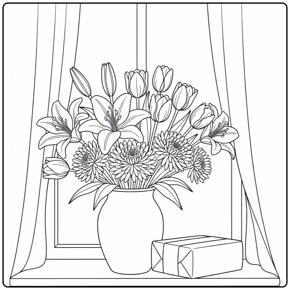 Birthday flower coloring page showing a vase of flowers and a gift