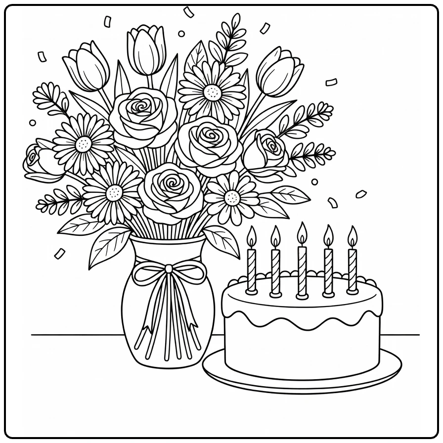Birthday flower coloring page showing roses, tulips, and a cake