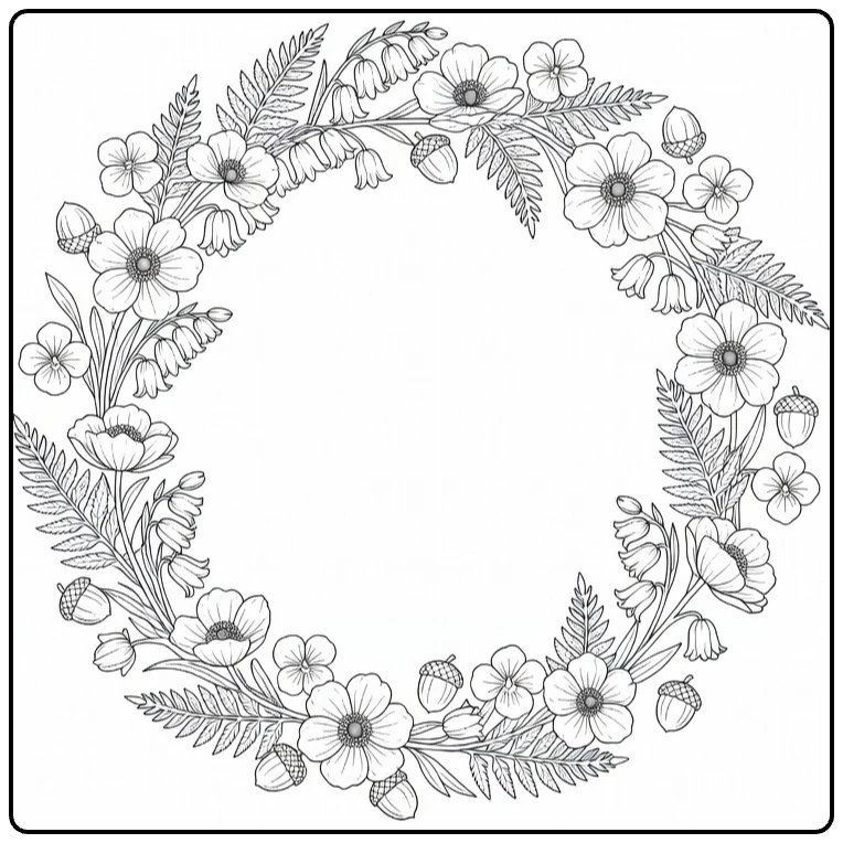 Flower wreath coloring page featuring anemones, ferns, and acorns