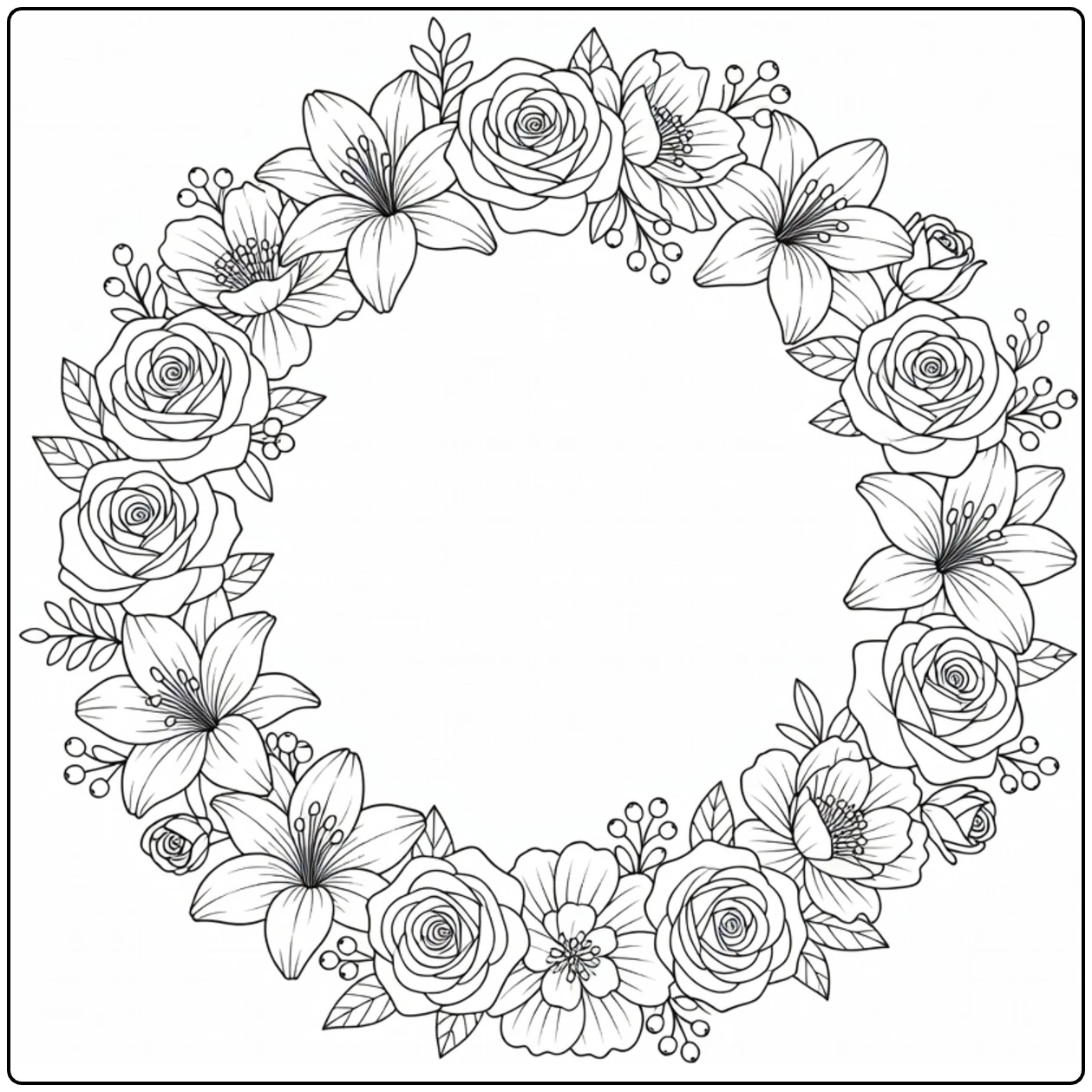 Flower wreath coloring page featuring roses, lilies, peonies, and berries