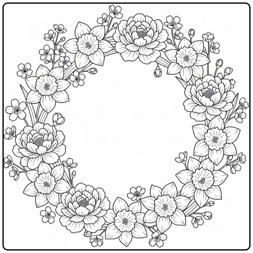 Flower wreath coloring page showing spring flowers, peonies, and daffodils