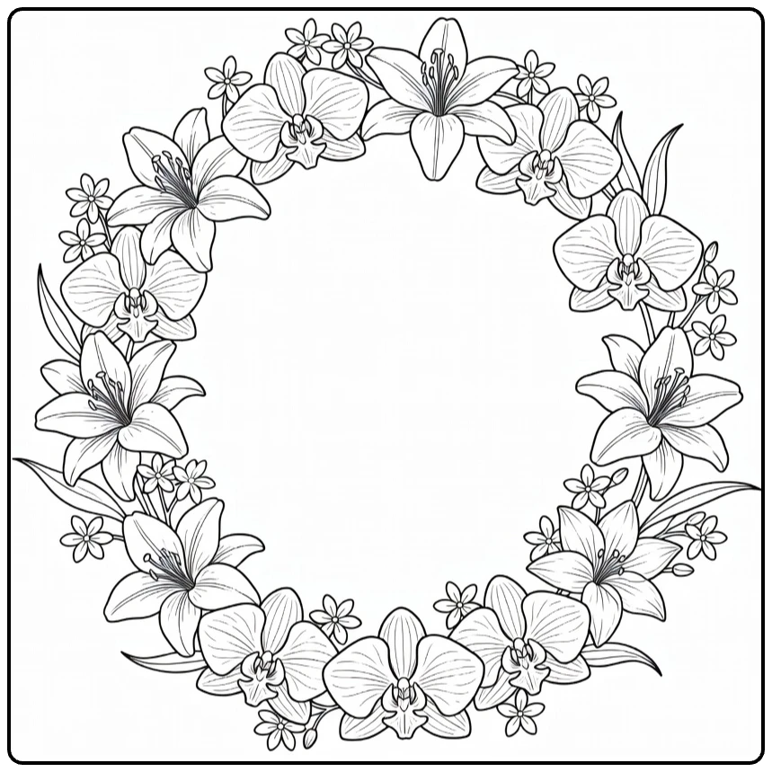 Flower wreath coloring page featuring lilies, orchids, and jasmine