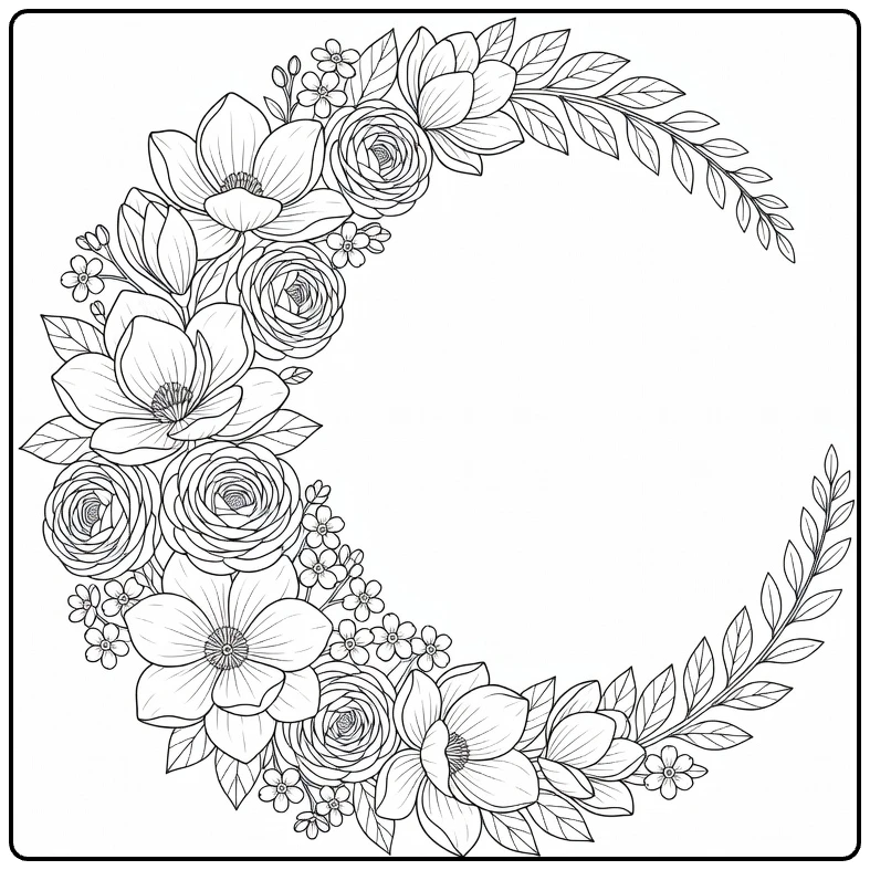 Flower wreath coloring page showing magnolia, ranunculus, and forget-me-not flowers