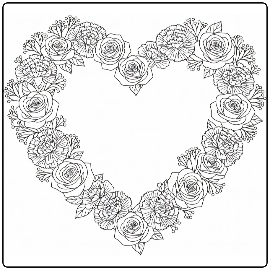 Flower wreath coloring page featuring a heart with roses, carnations, and baby's breath