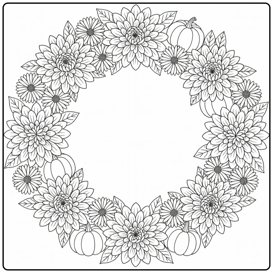 Flower wreath coloring page featuring autumn flowers and pumpkins