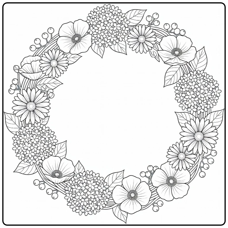 Flower wreath coloring page showing hydrangeas, daisies, and poppies