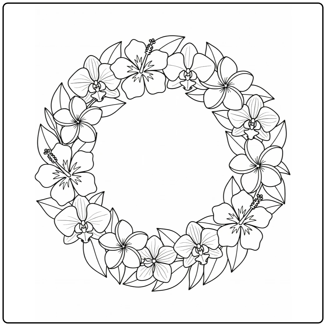 Tropical flower wreath coloring page featuring hibiscus and orchids