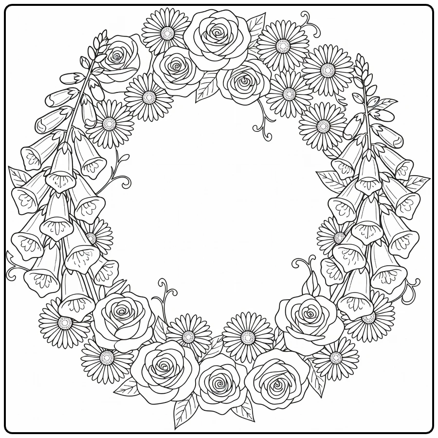 Flower wreath coloring page featuring foxgloves, roses, and daisies