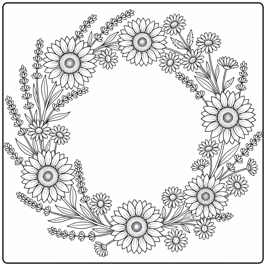 Flower wreath coloring page featuring sunflowers and lavender