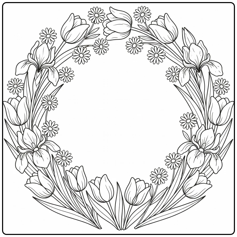 Flower wreath coloring page featuring tulips, irises, and daisies