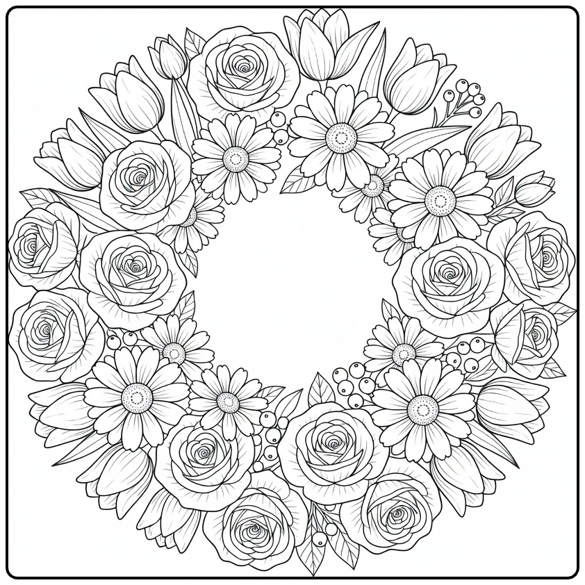 Flower wreath coloring page showing roses, tulips, and daisies