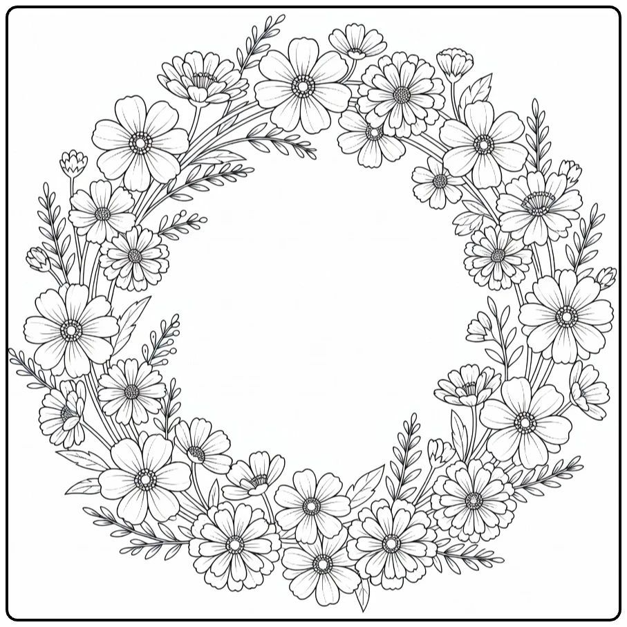 Flower wreath coloring page showing cosmos, zinnias, and marigolds