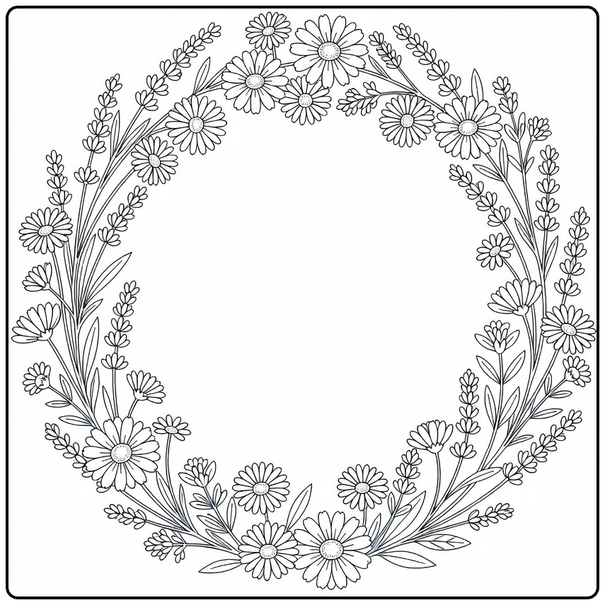 Flower wreath coloring page showing lavender, calendula, and chamomile