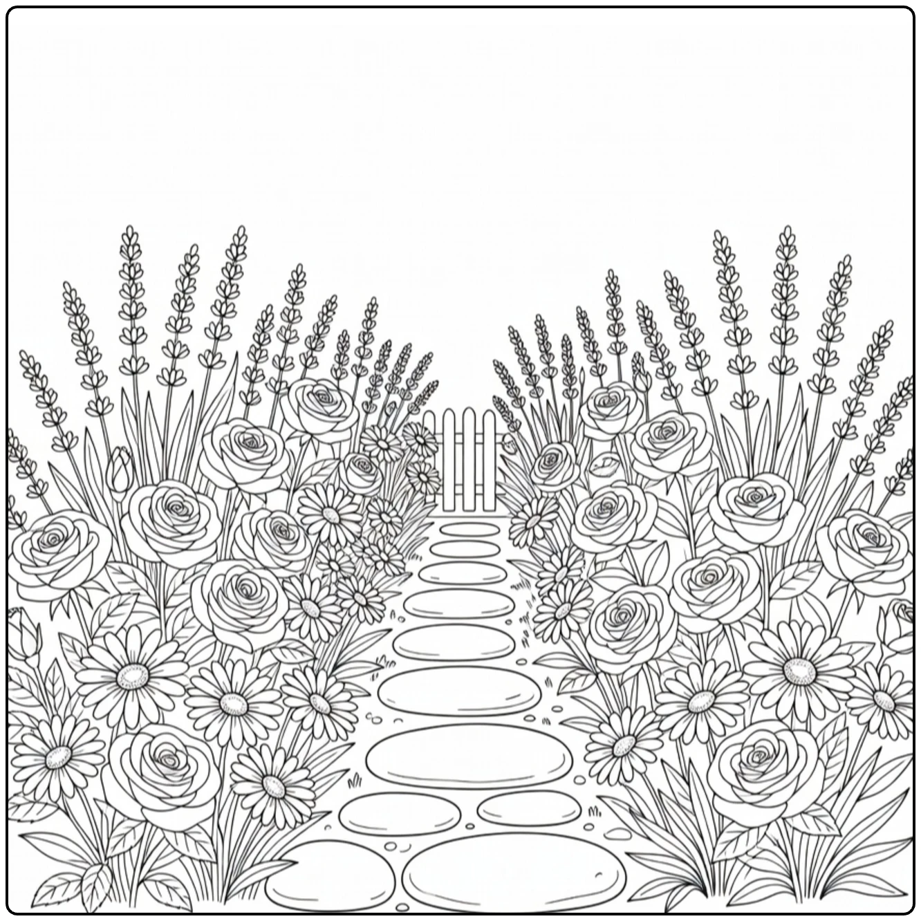 Flower garden coloring page featuring a cottage path lined with blooms
