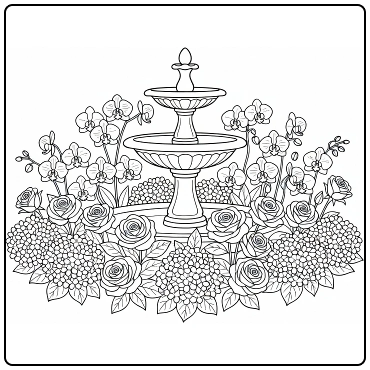 Flower garden coloring page featuring a fountain among lush blooms