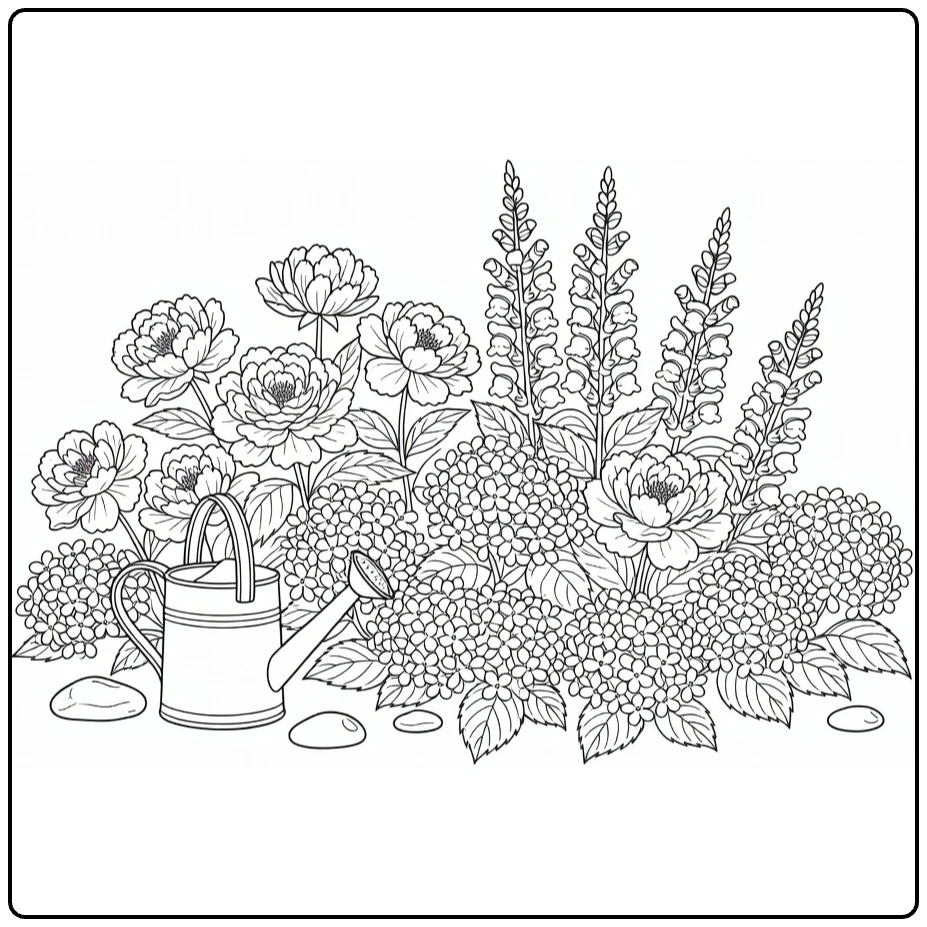 Flower garden coloring page with a watering can beside mixed flowers