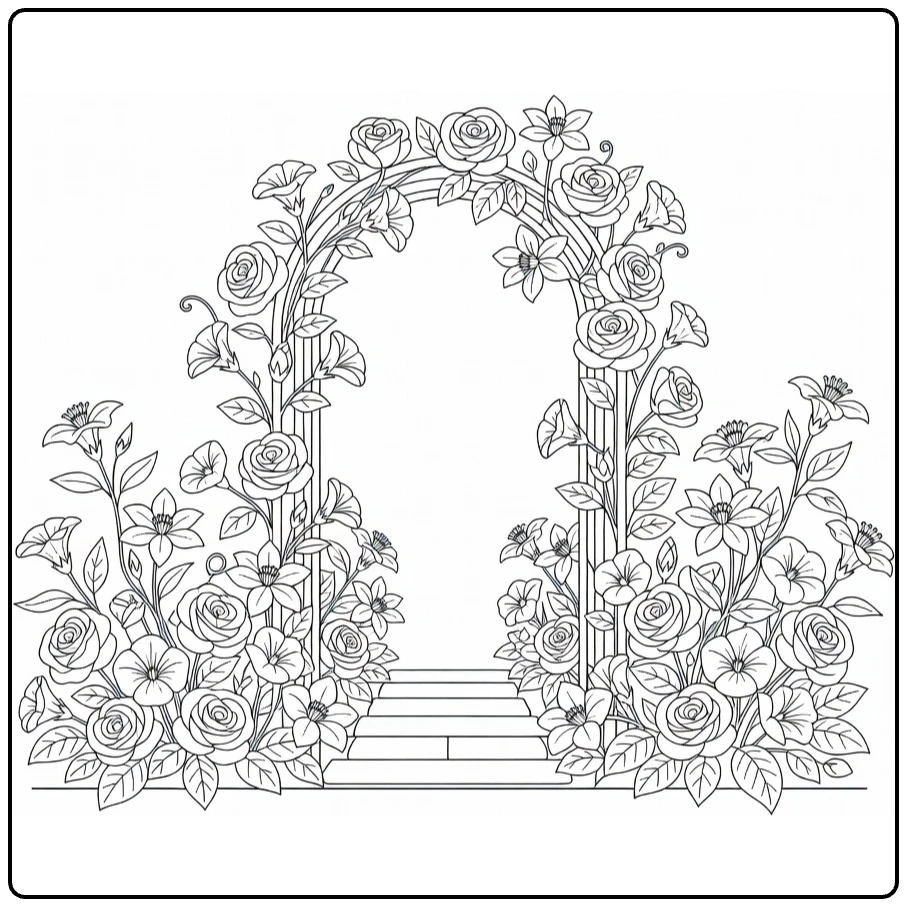 Flower garden coloring page showing a pergola covered with vines