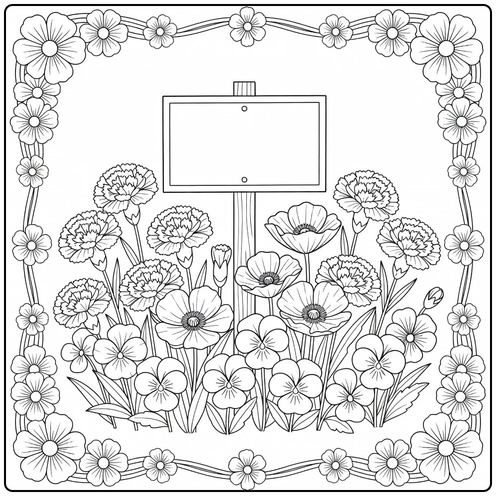 Flower garden coloring page featuring a sign surrounded by blossoms