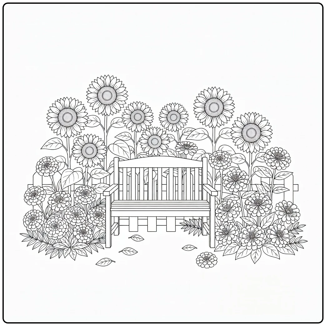 Flower garden coloring page featuring a bench surrounded by tall blooms